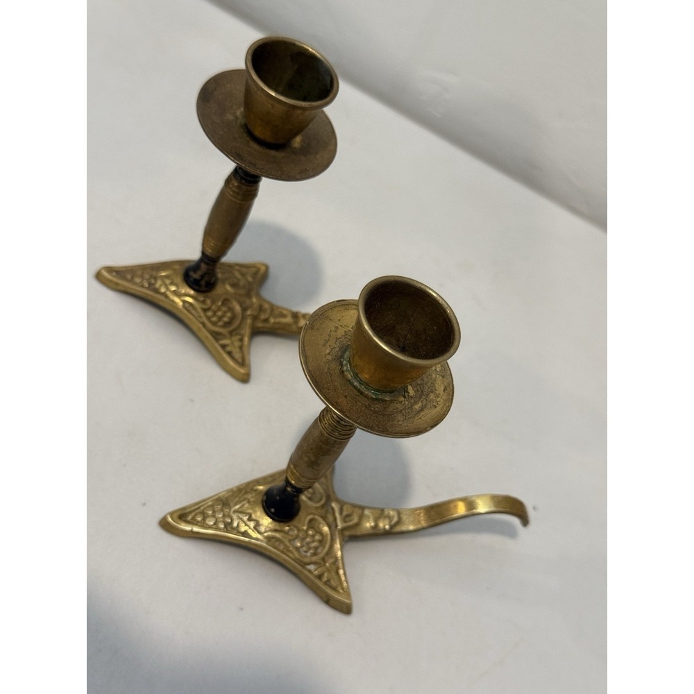 Vintage Brass Chamberstick Candle Holders Pair Mid Century Ornate Grape Vine 2pc